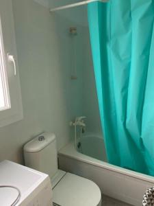 een badkamer met een toilet en een blauw douchegordijn bij capitan in El Rompido