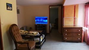 a living room with a television and a bedroom at La Cirerole in Casteil