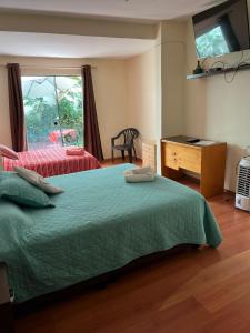 a bedroom with a bed and a desk and a window at Uli´s house in Lima