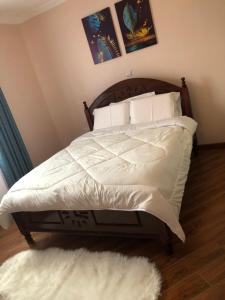 a bedroom with a bed with white sheets and pillows at Vogue Homes in Nakuru