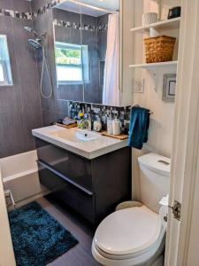 a bathroom with a toilet and a sink and a shower at The Ave House- Private Oasis Retreat W/heated Pool in Fort Lauderdale