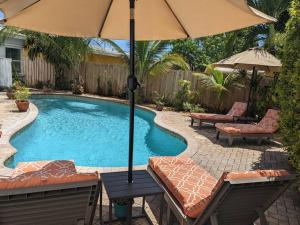 uma piscina com guarda-sóis e cadeiras ao lado de uma piscina em The Ave House- Private Oasis Retreat W/heated Pool em Fort Lauderdale