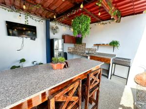 a kitchen with a counter with plants on it at Beachfront w/ pool & rancho - Casa Coral in Puntarenas