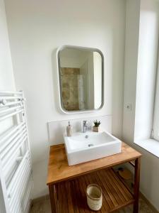 a bathroom with a white sink and a mirror at Les Voyages du Loft, entre Eurexpo et St Exupéry in Genas