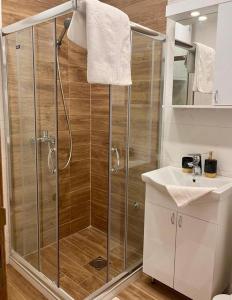 uma casa de banho com um chuveiro e um lavatório. em Lux Apartman Aleksandar em Zlatibor