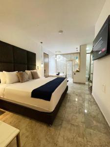 a bedroom with a large bed and a flat screen tv at Hotel Lleras Medellin in Medellín