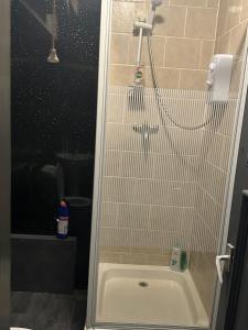 a bathroom with a shower with a bath tub at Versace Suite in Blackpool