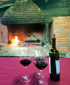 two glasses of wine on a table with a fireplace at Villa Llanaj in Berat