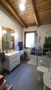 uma casa de banho com um lavatório, um chuveiro e um WC. em Habitación simple con baño em Guadarrama