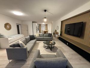 a living room with couches and a flat screen tv at 140qm - 4 rooms - free parking - MalliBase Apartments in Garbsen