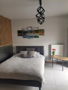 sypialnia z łóżkiem i stołem w obiekcie Apartament Górska Szarotka w Nowym Targu