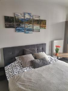 a bedroom with a bed with four paintings on the wall at Apartament Górska Szarotka in Nowy Targ