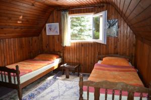 two beds in a wooden room with a window at Hondo Holiday Home in Rakovica