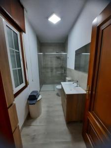 a bathroom with a shower and a sink and a toilet at Fogar dos Petellos, Mondariz. in Mondariz