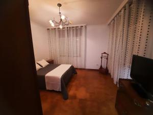 a bedroom with a bed and a television and a chandelier at Fogar dos Petellos, Mondariz. in Mondariz