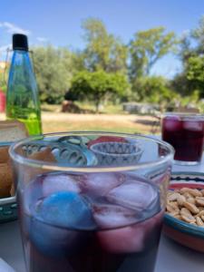 einen Tisch mit einem Glas Wein und einem Teller Essen in der Unterkunft Casa do Prado in Tomar