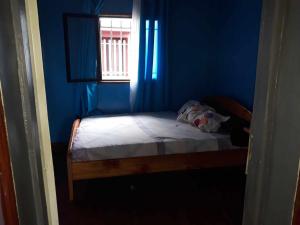 een blauwe kamer met een bed en een raam bij Villa Caroline in Antsirabe