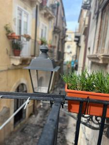 un lampione con piante in vaso sul balcone di Ortigia Home a Siracusa