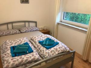 a bedroom with two beds with blue pillows on them at Apartment in handball city, Handewitt in Handewitt