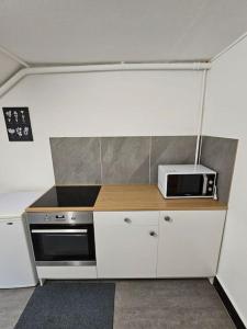 eine kleine Küche mit einem Herd und einer Mikrowelle in der Unterkunft L'appart - Couvet in Couvet