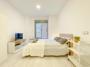 biała sypialnia z łóżkiem i oknem w obiekcie Estudio en Malaga centro w Maladze +20 zdjęć