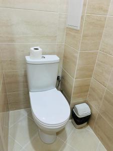La salle de bains est pourvue de toilettes et d'un rouleau de papier toilette. dans l'établissement M25 Aparts, à Lviv