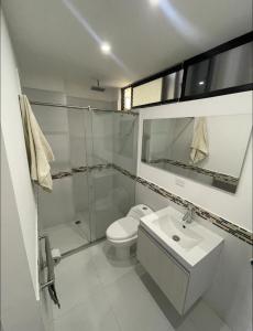 a bathroom with a toilet and a sink and a shower at Santa Lucia Lofts Duplex in Cali
