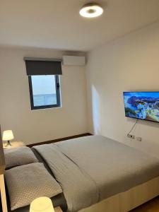 a bedroom with a bed and a tv on the wall at Blue lagoon apartment Przno in Budva +20 photos