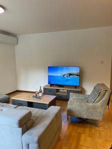 Una sala de estar con un televisor de pantalla plana grande. en Blue lagoon apartment Przno, en Budva