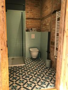 La salle de bains est pourvue de toilettes et d'une douche en verre. dans l'établissement DOM PIWOWARA, à Leśna