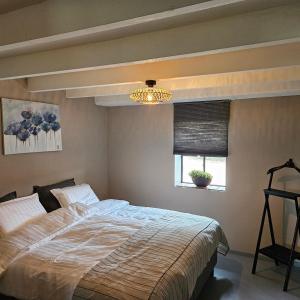 1 dormitorio con cama y lámpara de araña en Vakantiehuis 2 Schouwenberg, en Swalmen