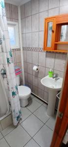 un baño con inodoro y lavabo en Cabañas Los Geranios, en Osorno 50 fotos más