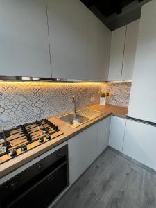 una cucina con lavandino e piano cottura forno superiore di Casa Martina a Capannori