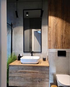 a bathroom with a sink and a mirror at Modern apartment with spacious backyard by Matt in Warsaw