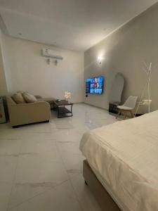 a bedroom with a bed and a couch and a tv at Al Jadeed Istudio In Al Jubaylah in Al ‘Uyaynah