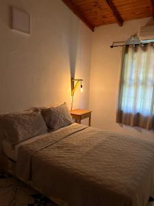 Un dormitorio con una cama y una lámpara y una ventana. en Apart clemencia, en Puerto Iguazú
