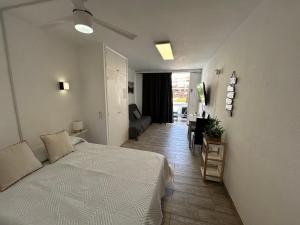 a bedroom with a bed and a living room at Sunny Apt with terrace coastal area South Arona in Arona