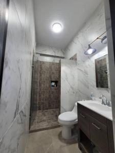 y baño con ducha, aseo y lavamanos. en Great location Apartment in Pachuca en Coscotitlán