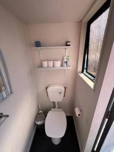 a small bathroom with a toilet and a window at Beach holiday - private setting. in Whiritoa
