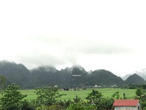 uma vista para um vale com montanhas ao fundo em Happy field homestay em Phong Nha