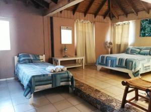 Mano Juan的住宿－Saona Típica B&B，一间卧室配有两张床和一张桌子