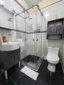 La salle de bains est pourvue d'une douche, de toilettes et d'un lavabo. dans l'établissement SUITE, vista hermosa de Quito, à Quito