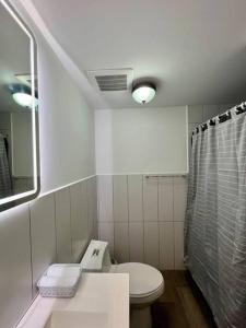 a white bathroom with a toilet and a shower at Jemet - Moderno Apartamento Doble in Guatemala