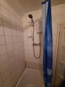 eine Dusche mit einem blauen Duschvorhang im Bad in der Unterkunft Toro's place in Sedgley
