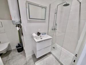 uma casa de banho branca com um lavatório e um chuveiro em Excellent T2 - Moderne & Tout Equipé avec Parking em Grenoble