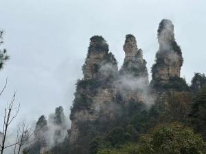 a mountain with tall rock formations in the mist at Easy House Gaoyun Branch in Zhangjiajie