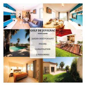 un collage de cuatro fotos de una casa en La palmeraie - Piscine vue golf, en Juvignac