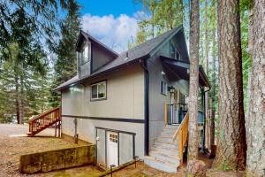 una casa en el bosque con una escalera en MACS Cushman Cabin, en Hoodsport