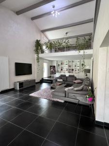 a living room with a couch and a tv at Villa Alia in Gérardmer