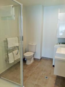a bathroom with a toilet and a glass shower at Quest Taupo in Taupo